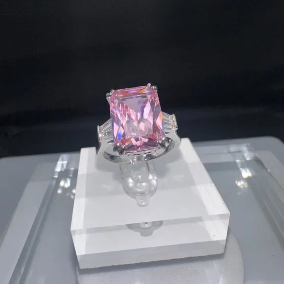 Pink Cubic Zirconia Emerald Cut Silver Ring Size 9 - Picture 7 of 12